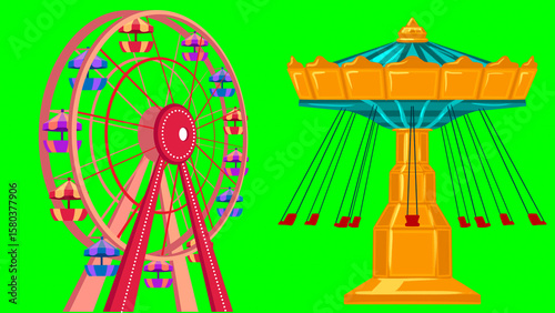 Ferris Wheel Amusement Park, Attraction Ferris wheel & Swing Ride Carnival. Cartoon amusement park. Funfair, Carnival, festival. Leisure activities for children. Vector illustration, isolated on green