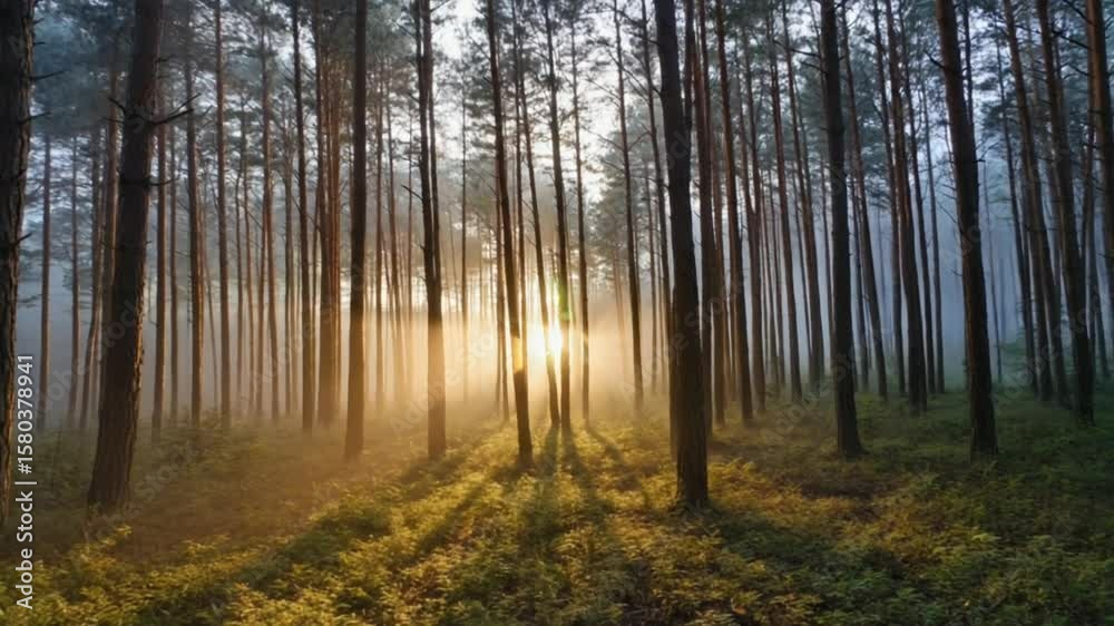 Peaceful morning in a lush green forest with soft sunlight filtering through trees, perfect for nature, relaxation, travel Peaceful morning in a lush green forest with soft sunlight filtering through trees, perfect for nature, relaxation, travel