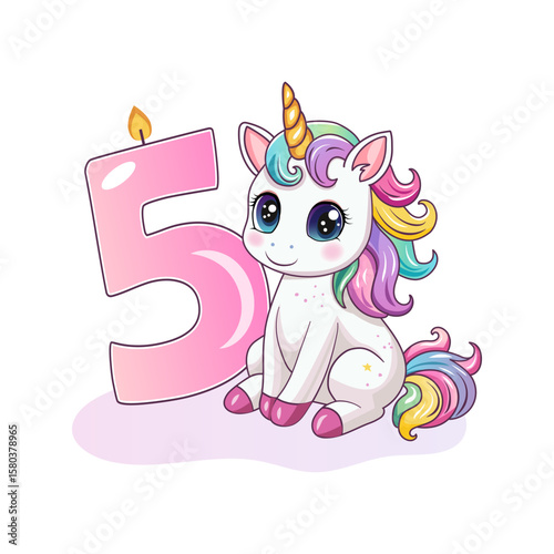 An invitation to a birthday party. Cute unicorn with the number 5. Vector illustration.