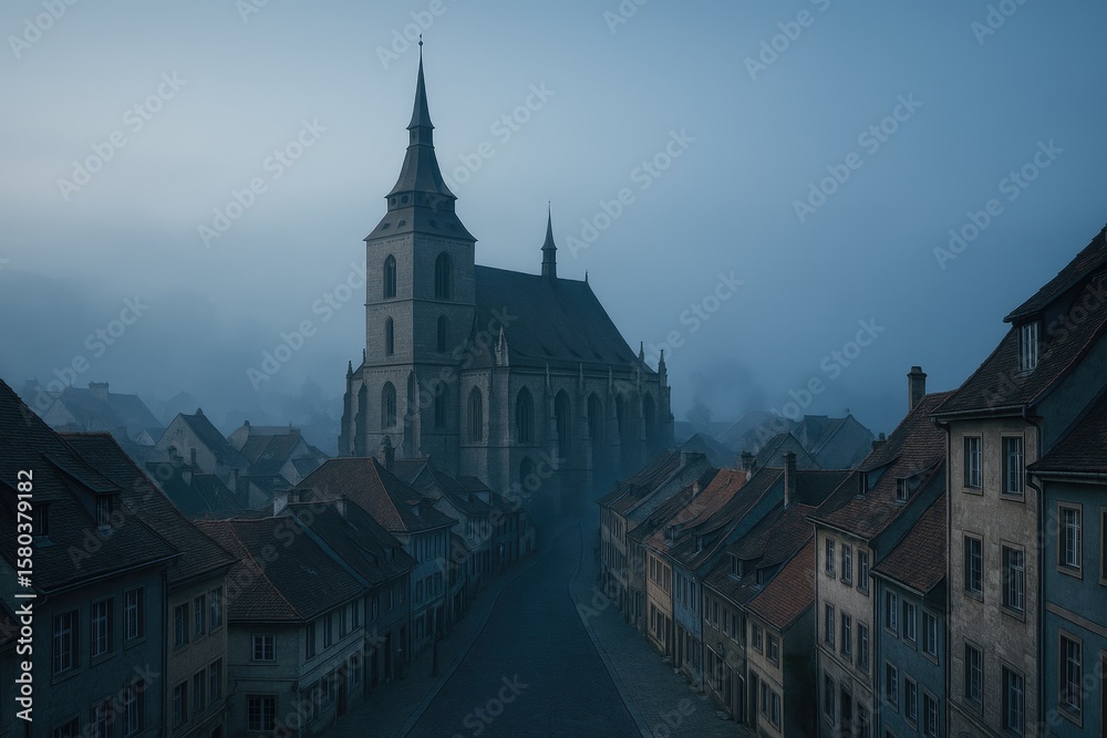 Fototapeta premium Ancient Village Shrine Amidst Misty Scenery