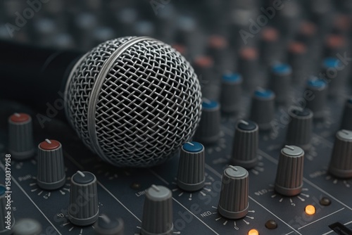 Close-up of a microphone on a mixing console with selective focus
