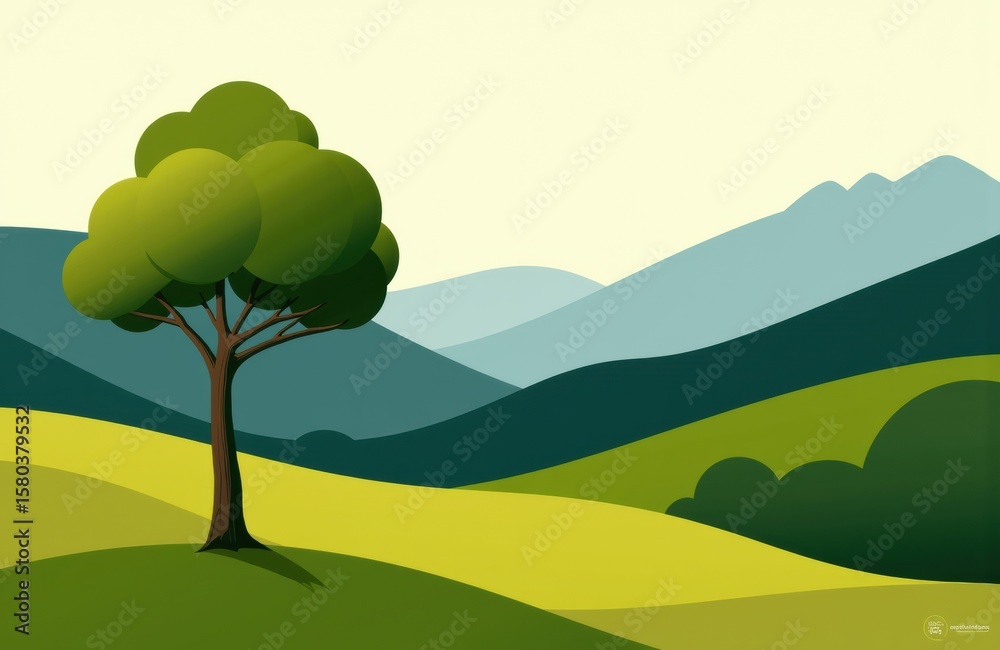 Fototapeta premium A solitary tree stands in a lush green landscape with rolling hills and distant mountains