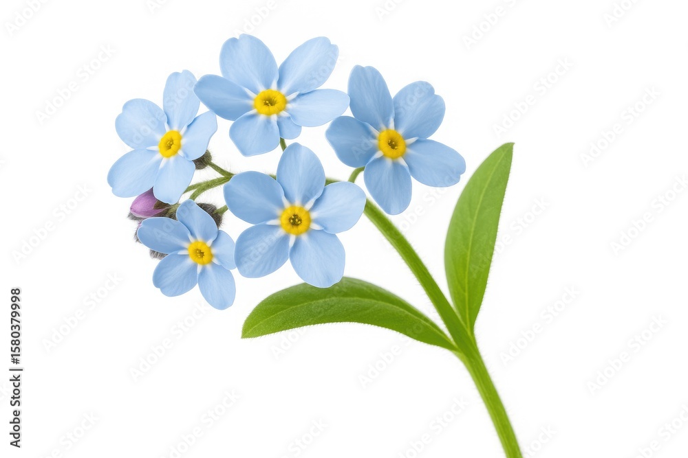 Fototapeta premium Single light blue forget-me-not flower on a plain white backdrop