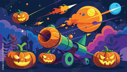 A whimsical halloween scene featuring pumpkins a cannon and planets in a colorful night sky setting