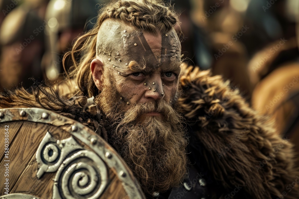 Obraz premium Viking warrior with braided hair, war paint, and fur cloak holding a round shield, preparing for battle