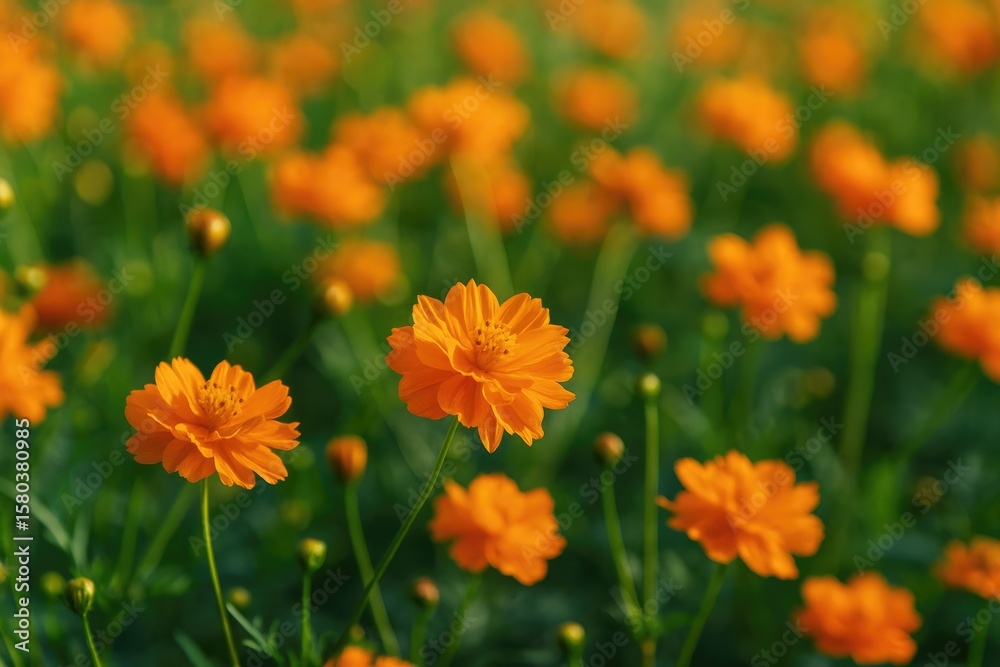 Vibrant semi-double orange blooms of Cosmos sulphureus in a lush summer garden Vibrant semi-double orange blooms of Cosmos sulphureus in a lush summer garden