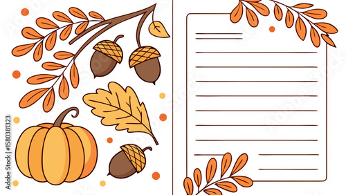 Charming autumn illustration featuring a plump pumpkin acorns on a branch and oak leaves alongside a lined notepad decorated with fall foliage accents