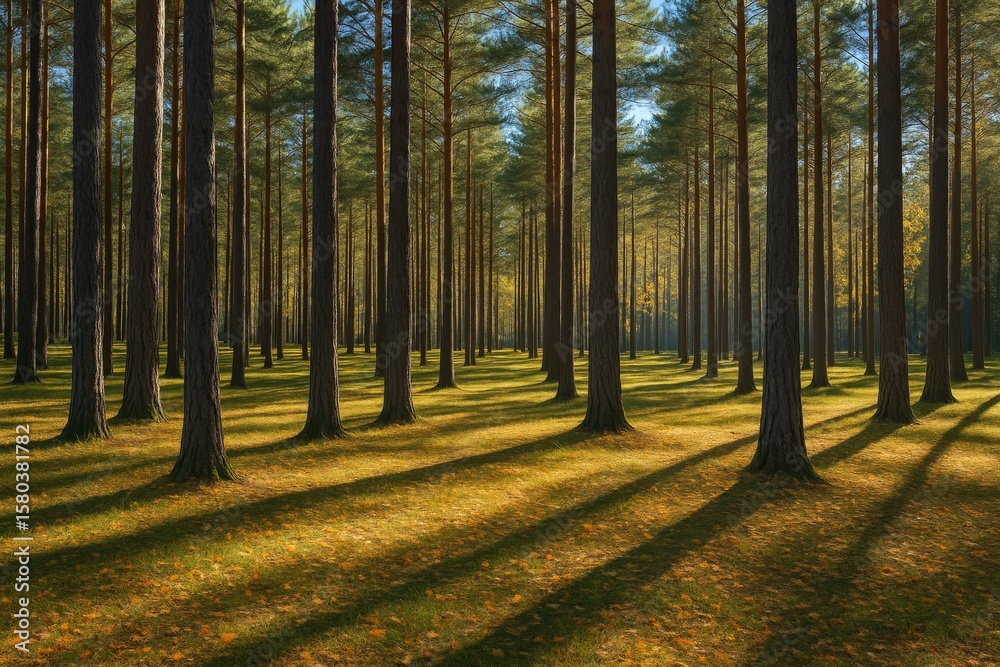 Obraz premium Lush woodland sanctuary featuring towering pine trees