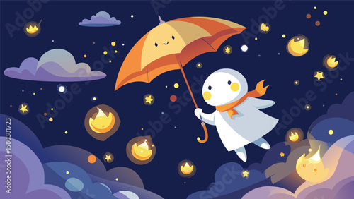 Cute ghost flying with an orange umbrella in a night sky filled with stars and floating lanterns