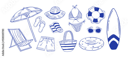 Hand-drawn summer beach accessories and activity vector illustration. Doodle icons of surfboards, chairs, umbrellas, bikinis, swimwear, sun hats, inflatables, and lifebuoys. Vacation set.