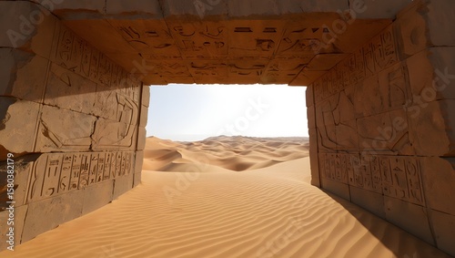 Exploring ancient egyptian ruins in the sahara desert with hieroglyphics and sand dunes