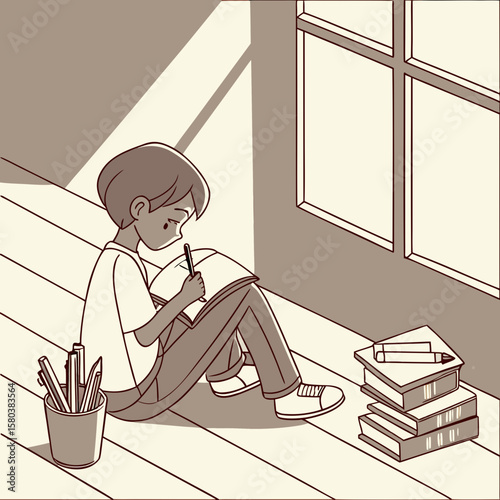 A boy reading a book while sitting on a chair next to a window and a stack of books with pencils in a cup
