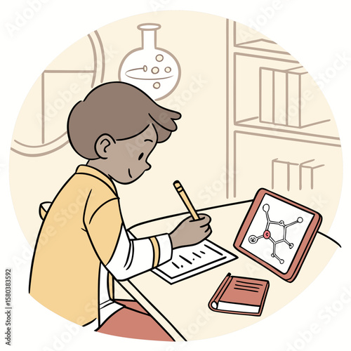 Illustration of a person drawing on a tablet while sitting on a chair near a bookshelf and clock