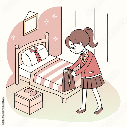 Girl in school uniform folding clothes on bed with pillows and slippers on the floor in a bedroom scene