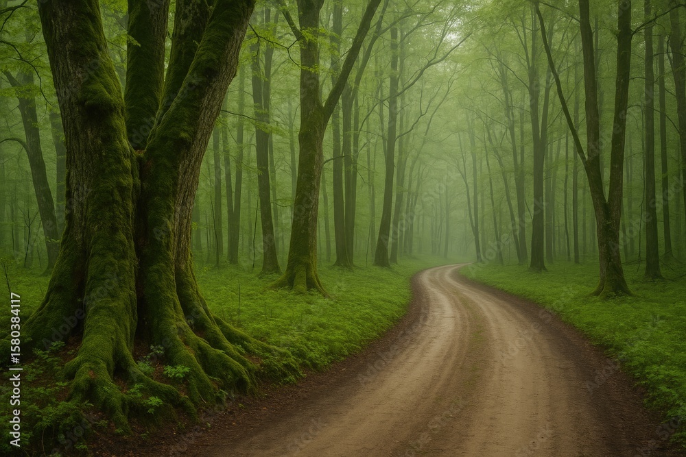 Naklejka premium Hidden rural pathway amidst enchanting deciduous woods with ancient moss-covered trees and scenic silhouettes. Perfect for eco-friendly adventures, Nordic walking, cycling, and relaxation.