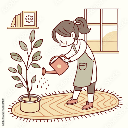 A cartoon style illustration of a woman watering plants in a room with a rug and window indoors