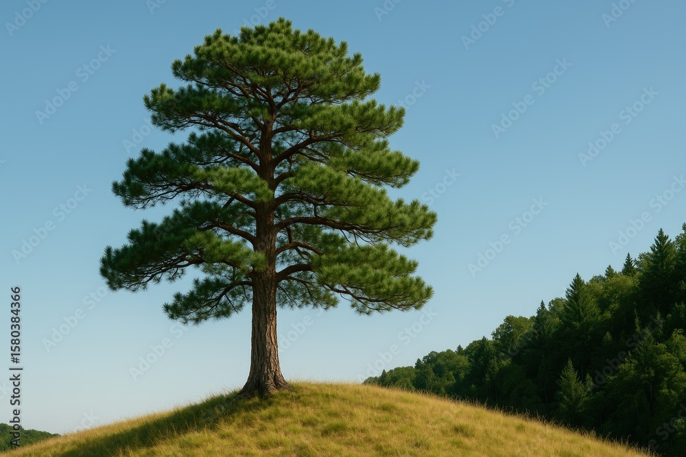 Obraz premium Imposing solitary pine standing tall on a hillside beneath a blue sky