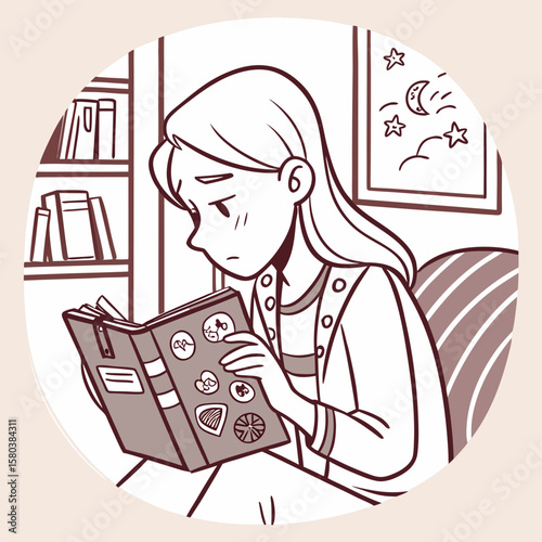 Illustration of a girl with a flower in her hair reading a book in a bedroom with furniture and art