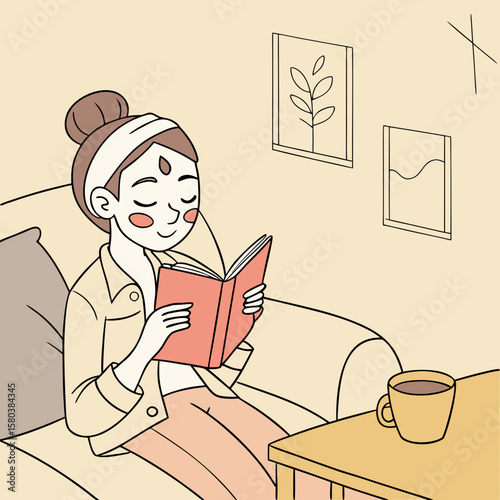 Woman with a face mask reading a book while sitting in a chair with a bookshelf in the background