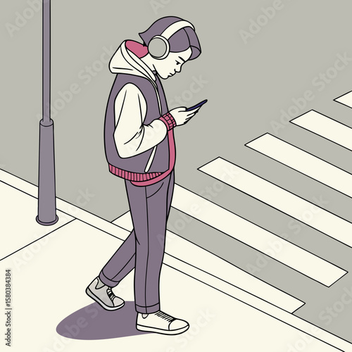 A young man with a backpack crossing a crosswalk while looking at his phone near a traffic light pole