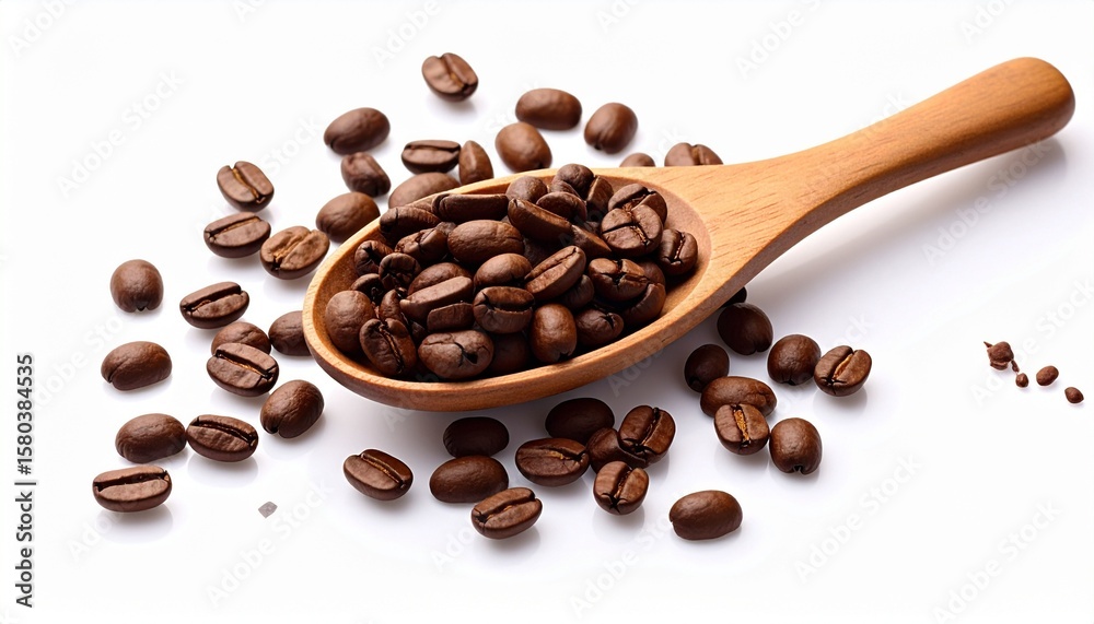 Fototapeta premium A wooden spoon resting on a white surface, filled with rich roasted coffee beans, surrounded by scattered beans