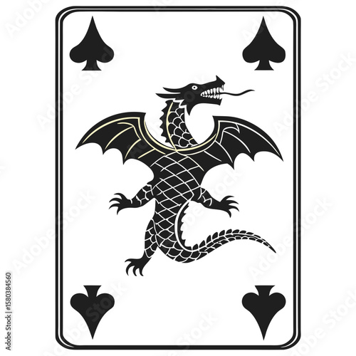 Vector art of a dragon is featured on a playing card with a spade suit