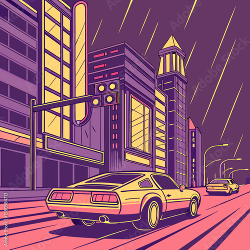 Vector art of a retro futuristic city street with classic cars