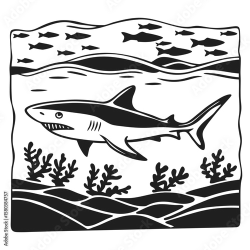 Vector art of a shark swimming underwater in the ocean with coral reefs