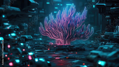 A surreal coral structure resembling digital lifeforms, growing in a futuristic alien-tech environment. Abstract shapes and vivid detail in HD, 4K resolution.
Created with generative AI.