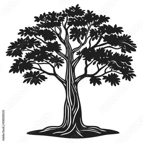 Vector art of a large tree with many leaves stands tall in nature
