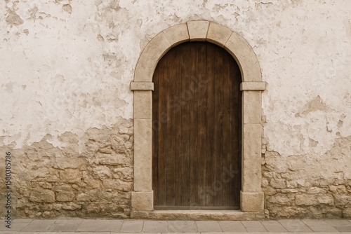 Vintage architecture with an arched wooden entrance and weathered white stone facade