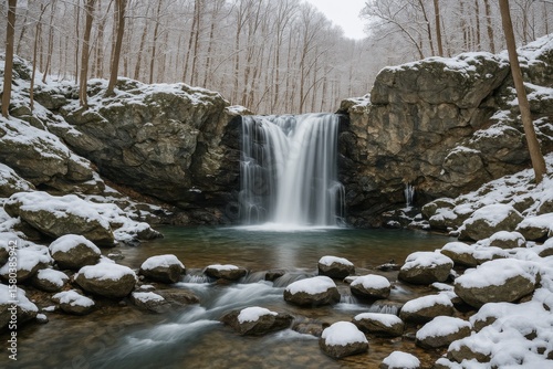 Winter scene capturing the beauty of a waterfall within a scenic park