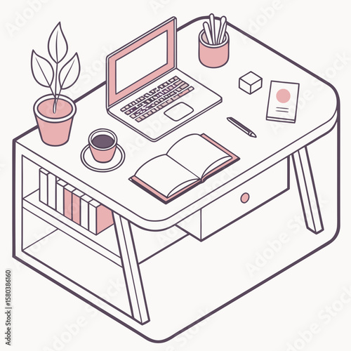 Vector art of isometric illustration of a desk setup with laptop, books, and plants