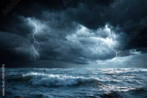 Dark storm clouds over a turbulent sea with lightning