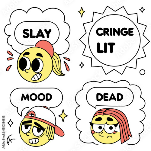 Vector art of cartoon emojis expressing trendy slang words like slay, cringe, mood