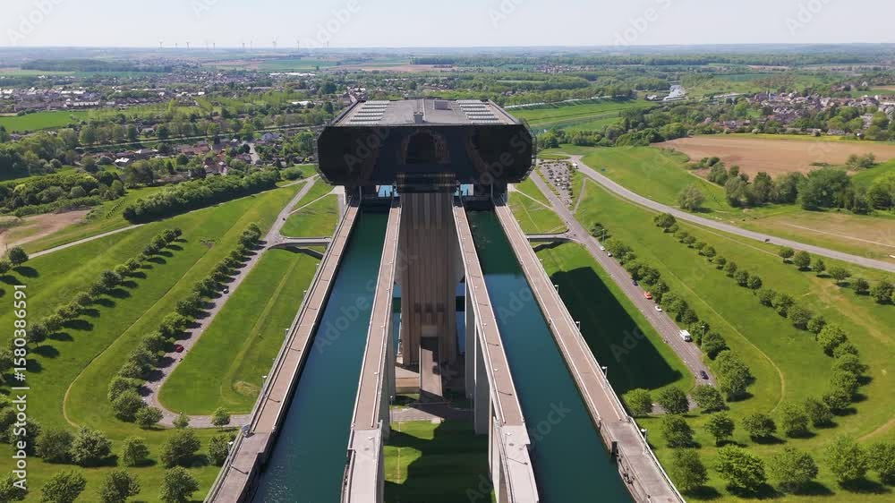 pulling two upstreams canal around strépy thieu boat lift building structure le rœulx hainaut belgium scene rich detail reveals from side front drone shot back strépy-thieu 