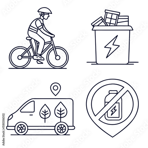 Vector art of delivery icons showing bicycle, truck, package, and prohibition