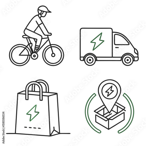 Vector art of delivery service icons showing bicycle, truck, package, and location