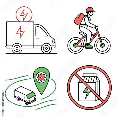 Vector art of delivery service icons feature electric vehicles and bicycles