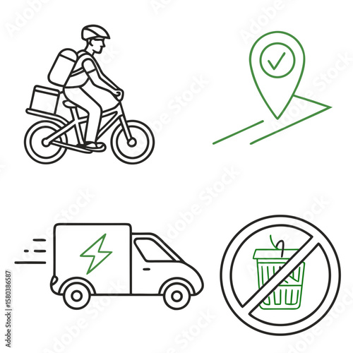 Vector art of delivery icons showing bicycle, truck, location, and prohibition
