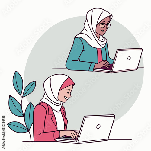 Flat vector illustrations of hijabi women working on laptop, coding, presenting, digital workspace diversity concept.