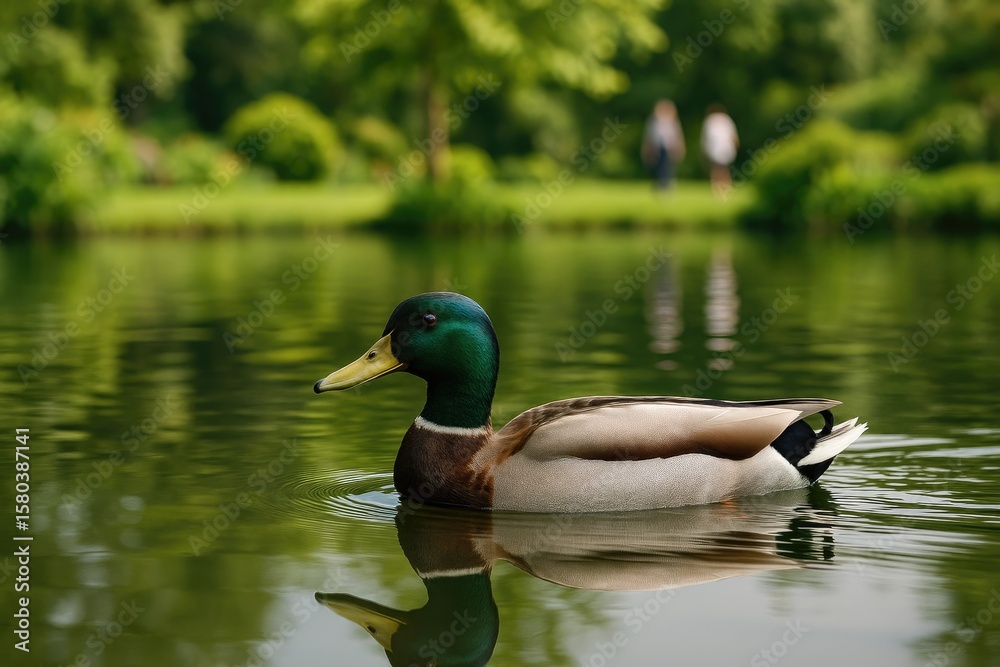 Fototapeta premium A relaxed duck gliding smoothly across the water surface