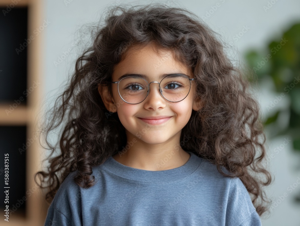 Obraz premium Happy Hispanic girl with eyeglasses in indoor portrait