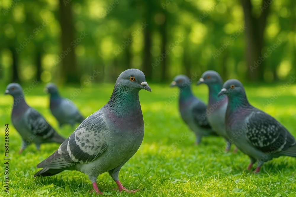 Fototapeta premium Birds perched on the lawn in a green space