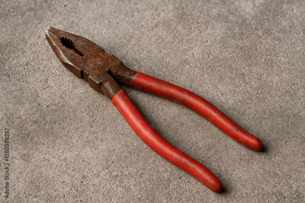 Obraz premium Corroded metal gripping tool lying on concrete surface