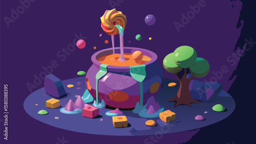 Cauldron with swirling lollipop and colorful candies in a magical, low poly, fantasy landscape view