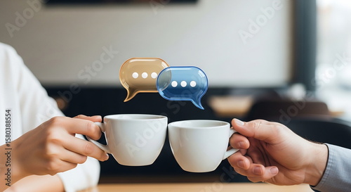Business networking discussion over coffee with chat bubble icons