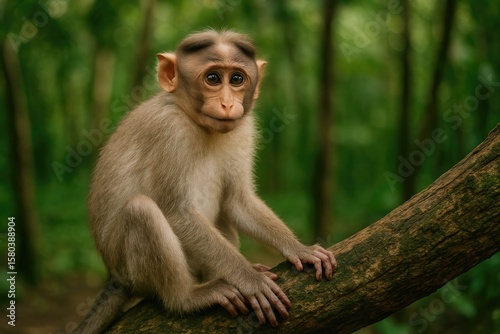 A playful monkey resting peacefully on a tree branch in a lush forest