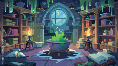 A witch's room with a cauldron bubbling with green potion and candles illuminating the scene indoors