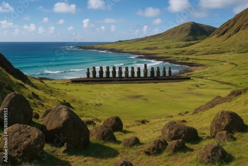 View of Moai Statues at Ahu Tongariki from Rano Raraku Volcano